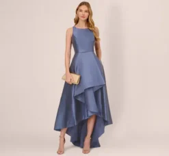 Adrianna Papell Wedding Guest Dresses|Formal Dresses*High Low Mikado Gown With Asymmetrical Detail In Blue Frost