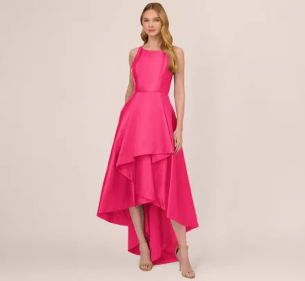 Adrianna Papell Wedding Guest Dresses|Formal Dresses*High Low Mikado Gown With Asymmetrical Detail In Electric Pink