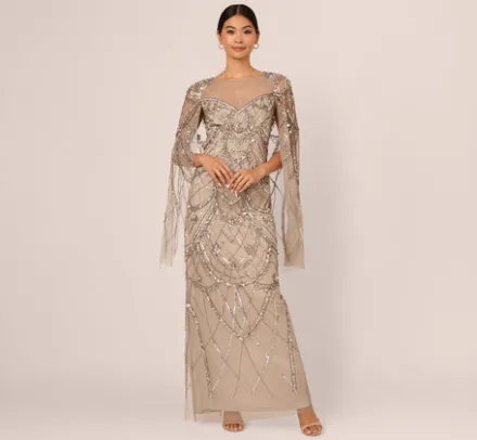 Adrianna Papell Wedding Guest Dresses|Formal Dresses*Illusion Beaded Cape Dress In
