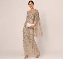 Adrianna Papell Wedding Guest Dresses|Formal Dresses*Illusion Beaded Cape Dress In