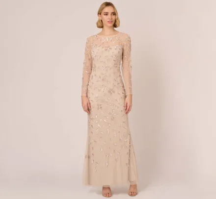Adrianna Papell Wedding Guest Dresses|Formal Dresses*Illusion Floral Beaded Gown With Sheer Long Sleeves In