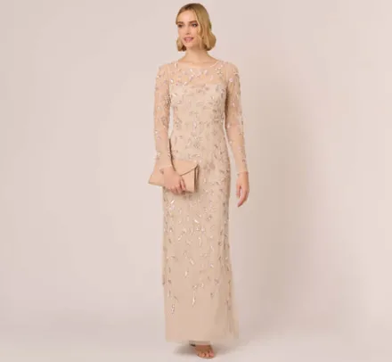 Adrianna Papell Wedding Guest Dresses|Formal Dresses*Illusion Floral Beaded Gown With Sheer Long Sleeves In