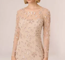 Adrianna Papell Wedding Guest Dresses|Formal Dresses*Illusion Floral Beaded Gown With Sheer Long Sleeves In