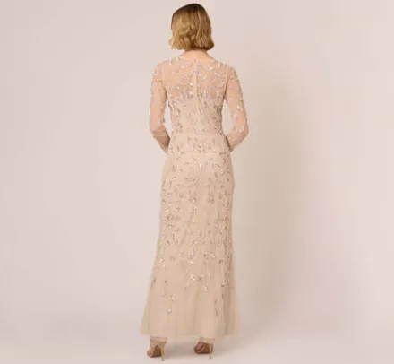 Adrianna Papell Wedding Guest Dresses|Formal Dresses*Illusion Floral Beaded Gown With Sheer Long Sleeves In