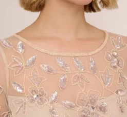 Adrianna Papell Wedding Guest Dresses|Formal Dresses*Illusion Floral Beaded Gown With Sheer Long Sleeves In