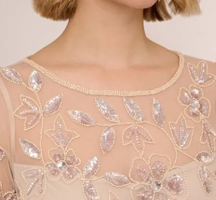 Adrianna Papell Wedding Guest Dresses|Formal Dresses*Illusion Floral Beaded Gown With Sheer Long Sleeves In