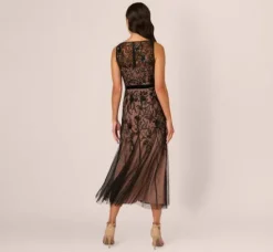 Adrianna Papell Wedding Guest Dresses|Grandmother Of The Bride & Groom*Illusion Neckline Beaded Dress In Black Rosegold