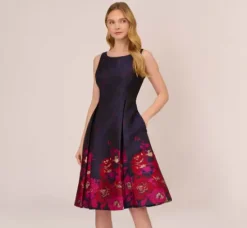 Adrianna Papell Wedding Guest Dresses|Day Dresses*Jacquard Midi Dress With Metallic Floral Trim In Navy Pink Multi