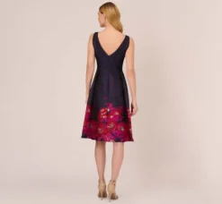 Adrianna Papell Wedding Guest Dresses|Day Dresses*Jacquard Midi Dress With Metallic Floral Trim In Navy Pink Multi