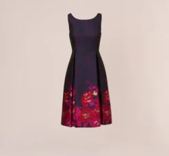 Adrianna Papell Wedding Guest Dresses|Day Dresses*Jacquard Midi Dress With Metallic Floral Trim In Navy Pink Multi