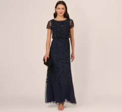Adrianna Papell Wedding Guest Dresses|Formal Dresses*Jasmine Beaded Blouson Gown With Sheer Short Sleeves In Navy Black