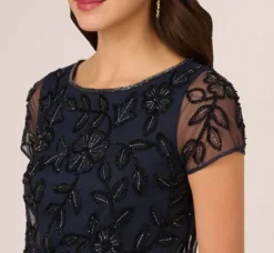 Adrianna Papell Wedding Guest Dresses|Formal Dresses*Jasmine Beaded Blouson Gown With Sheer Short Sleeves In Navy Black