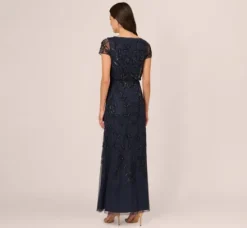 Adrianna Papell Wedding Guest Dresses|Formal Dresses*Jasmine Beaded Blouson Gown With Sheer Short Sleeves In Navy Black