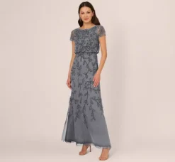 Adrianna Papell Wedding Guest Dresses|Formal Dresses*Jasmine Beaded Blouson Gown With Sheer Short Sleeves In Dusty Blue