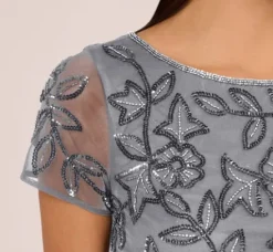 Adrianna Papell Wedding Guest Dresses|Formal Dresses*Jasmine Beaded Blouson Gown With Sheer Short Sleeves In Dusty Blue
