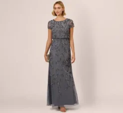 Adrianna Papell Wedding Guest Dresses|Formal Dresses*Jasmine Beaded Blouson Gown With Sheer Short Sleeves In Dusty Blue