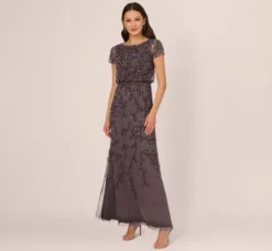 Adrianna Papell Wedding Guest Dresses|Formal Dresses*Jasmine Beaded Blouson Gown With Sheer Short Sleeves In