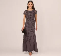 Adrianna Papell Wedding Guest Dresses|Formal Dresses*Jasmine Beaded Blouson Gown With Sheer Short Sleeves In