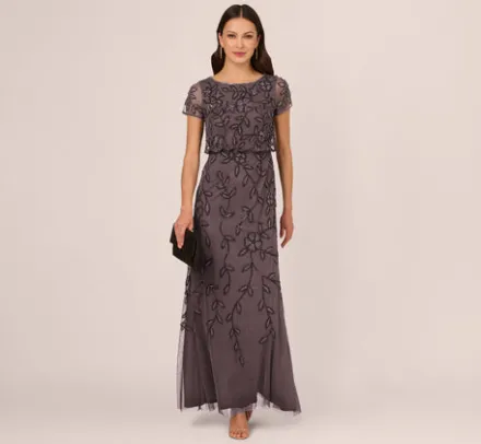Adrianna Papell Wedding Guest Dresses|Formal Dresses*Jasmine Beaded Blouson Gown With Sheer Short Sleeves In