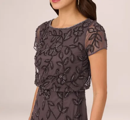 Adrianna Papell Wedding Guest Dresses|Formal Dresses*Jasmine Beaded Blouson Gown With Sheer Short Sleeves In