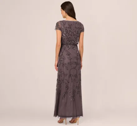 Adrianna Papell Wedding Guest Dresses|Formal Dresses*Jasmine Beaded Blouson Gown With Sheer Short Sleeves In