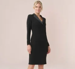 Adrianna Papell Wedding Guest Dresses|Day Dresses*Jersey And Satin Short Sheath Tuxedo Dress In