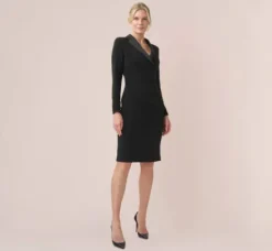 Adrianna Papell Wedding Guest Dresses|Day Dresses*Jersey And Satin Short Sheath Tuxedo Dress In