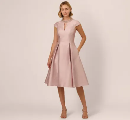 Adrianna Papell Wedding Guest Dresses|Petite-Friendly*Key Hole Mikado Cap Sleeve Midi Dress In