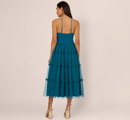 Adrianna Papell Wedding Guest Dresses|Petite-Friendly*Knit And Mesh Tiered Midi Halter Dress In