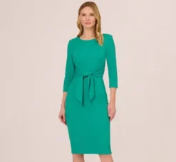 Adrianna Papell Wedding Guest Dresses|Day Dresses*Knit Crepe Bow Sheath Dress With Three Quarter Sleeves In Botanic Green