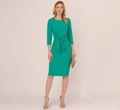 Adrianna Papell Wedding Guest Dresses|Day Dresses*Knit Crepe Bow Sheath Dress With Three Quarter Sleeves In Botanic Green