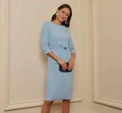 Adrianna Papell Wedding Guest Dresses|Day Dresses*Knit Crepe Bow Sheath Dress With Three Quarter Sleeves In Blue Mist