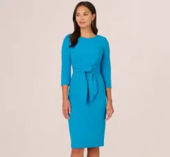 Adrianna Papell Wedding Guest Dresses|Day Dresses*Knit Crepe Bow Sheath Dress With Three Quarter Sleeves In Blue Coast