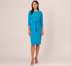 Adrianna Papell Wedding Guest Dresses|Day Dresses*Knit Crepe Bow Sheath Dress With Three Quarter Sleeves In Blue Coast