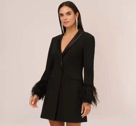 Adrianna Papell Wedding Guest Dresses*Knit Crepe Long Sleeve Blazer Dress With Feather Trim In