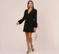 Adrianna Papell Wedding Guest Dresses*Knit Crepe Long Sleeve Blazer Dress With Feather Trim In