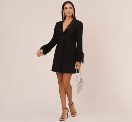 Adrianna Papell Wedding Guest Dresses*Knit Crepe Long Sleeve Blazer Dress With Feather Trim In