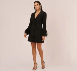Adrianna Papell Wedding Guest Dresses*Knit Crepe Long Sleeve Blazer Dress With Feather Trim In
