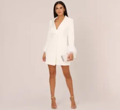 Adrianna Papell Little White Dresses*Knit Crepe Long Sleeve Blazer Dress With Feather Trim In