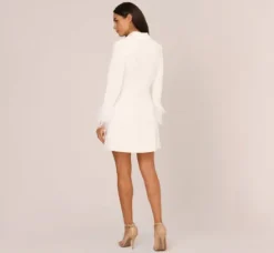 Adrianna Papell Little White Dresses*Knit Crepe Long Sleeve Blazer Dress With Feather Trim In