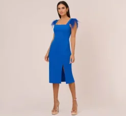 Adrianna Papell Wedding Guest Dresses|Petite-Friendly*Knit Crepe Midi Dress With Feather Shoulder Accents In Dark Cobalt