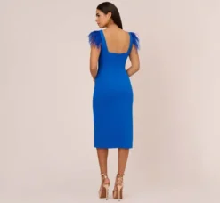 Adrianna Papell Wedding Guest Dresses|Petite-Friendly*Knit Crepe Midi Dress With Feather Shoulder Accents In Dark Cobalt