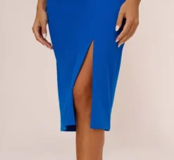 Adrianna Papell Wedding Guest Dresses|Petite-Friendly*Knit Crepe Midi Dress With Feather Shoulder Accents In Dark Cobalt