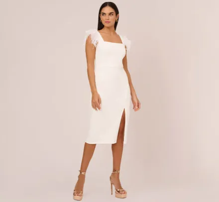 Adrianna Papell Petite-Friendly|Little White Dresses*Knit Crepe Midi Dress With Feather Shoulder Accents In