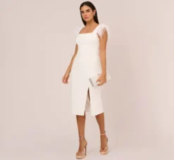 Adrianna Papell Petite-Friendly|Little White Dresses*Knit Crepe Midi Dress With Feather Shoulder Accents In