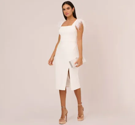 Adrianna Papell Petite-Friendly|Little White Dresses*Knit Crepe Midi Dress With Feather Shoulder Accents In