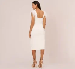 Adrianna Papell Petite-Friendly|Little White Dresses*Knit Crepe Midi Dress With Feather Shoulder Accents In