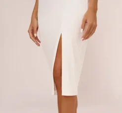 Adrianna Papell Petite-Friendly|Little White Dresses*Knit Crepe Midi Dress With Feather Shoulder Accents In