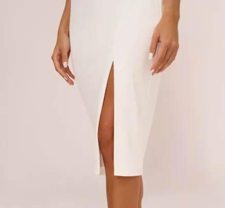 Adrianna Papell Petite-Friendly|Little White Dresses*Knit Crepe Midi Dress With Feather Shoulder Accents In