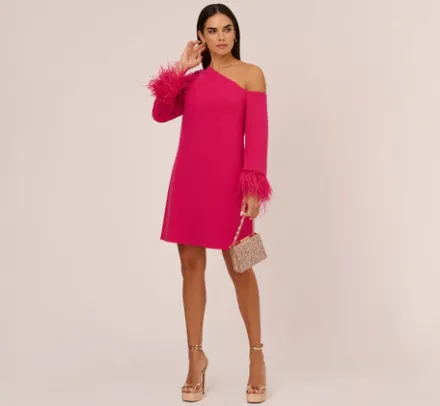 Adrianna Papell Wedding Guest Dresses*Knit Crepe One Shoulder Long Sleeve Dress With Feather Accents In Bright Rose